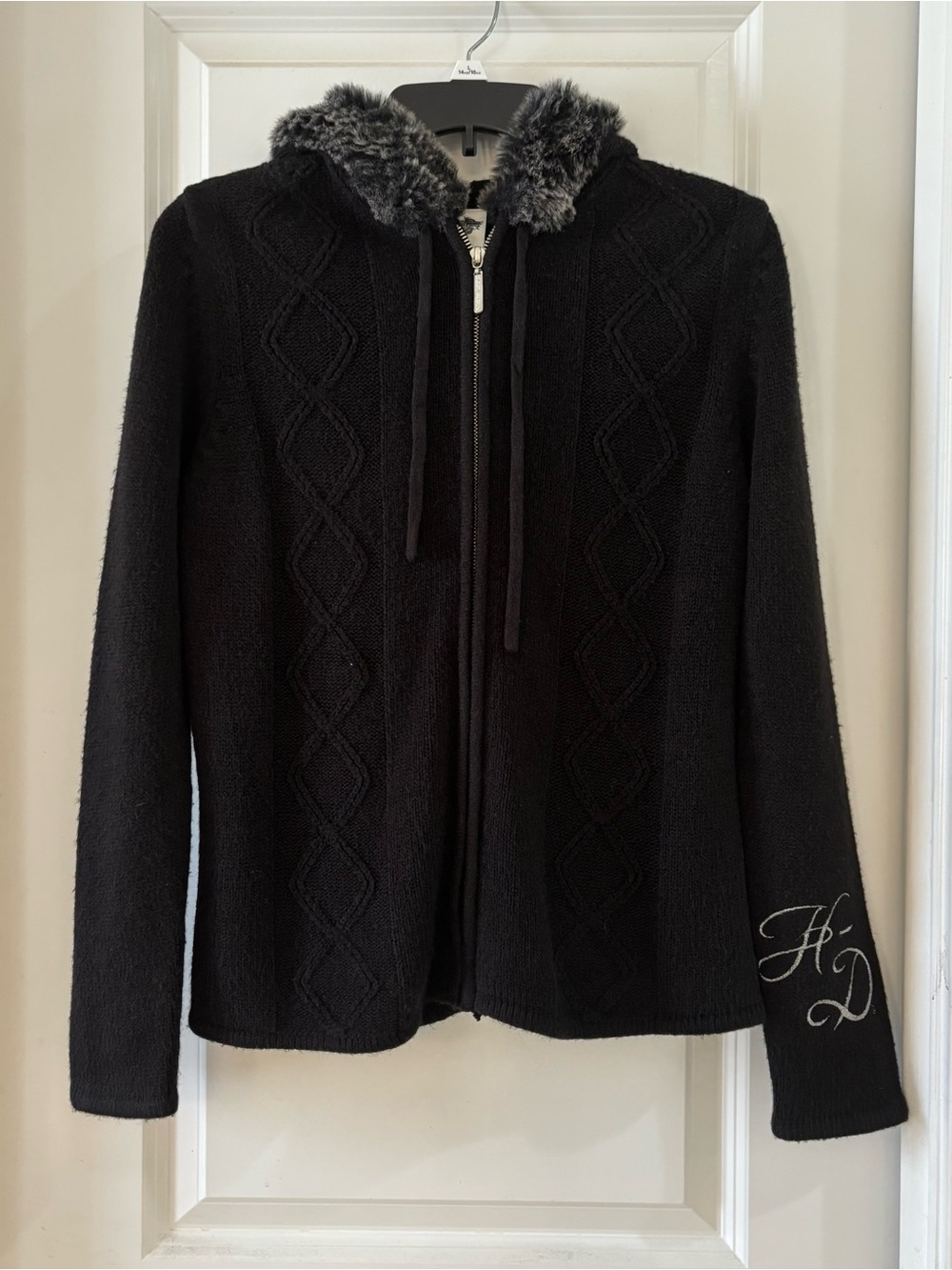 Black Harley Davidson Y2K Faux-Fur Hooded Zip Sweater M